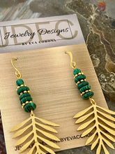 Load image into Gallery viewer, Malachite earrings with brass leaf charms
