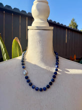 Load image into Gallery viewer, Sodalite Stone Beaded Asymmetrical Necklace with Freshwater Pearl Focal

