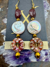 Load image into Gallery viewer, Statement Earrings with Freshwater Pearl Coin, Czech Glass and Cloisonné Beads
