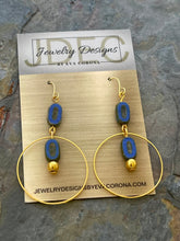 Load image into Gallery viewer, Blue Czech glass earrings with hoop charms
