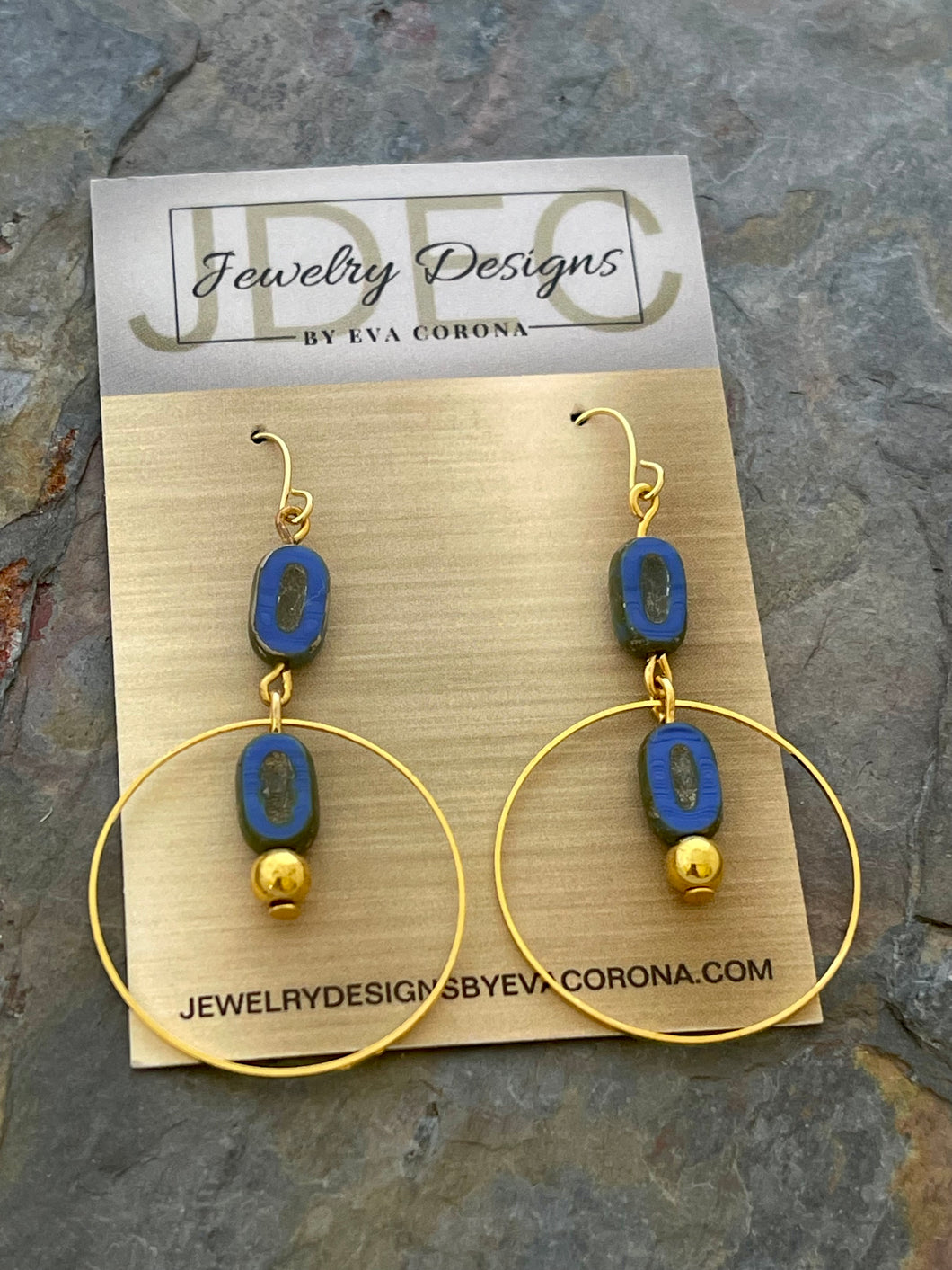 Blue Czech glass earrings with hoop charms