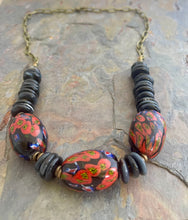 Load image into Gallery viewer, Black Agate stone statement necklace with large Millefiori glass beads

