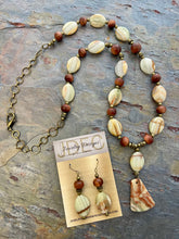 Load image into Gallery viewer, Green Onyx and Goldstone jewelry set with Chalcedony stone pendant
