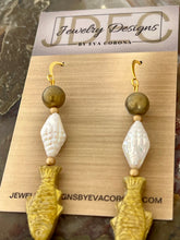 Load image into Gallery viewer, Iridescent White Czech Glass Shell earrings with Fish beads
